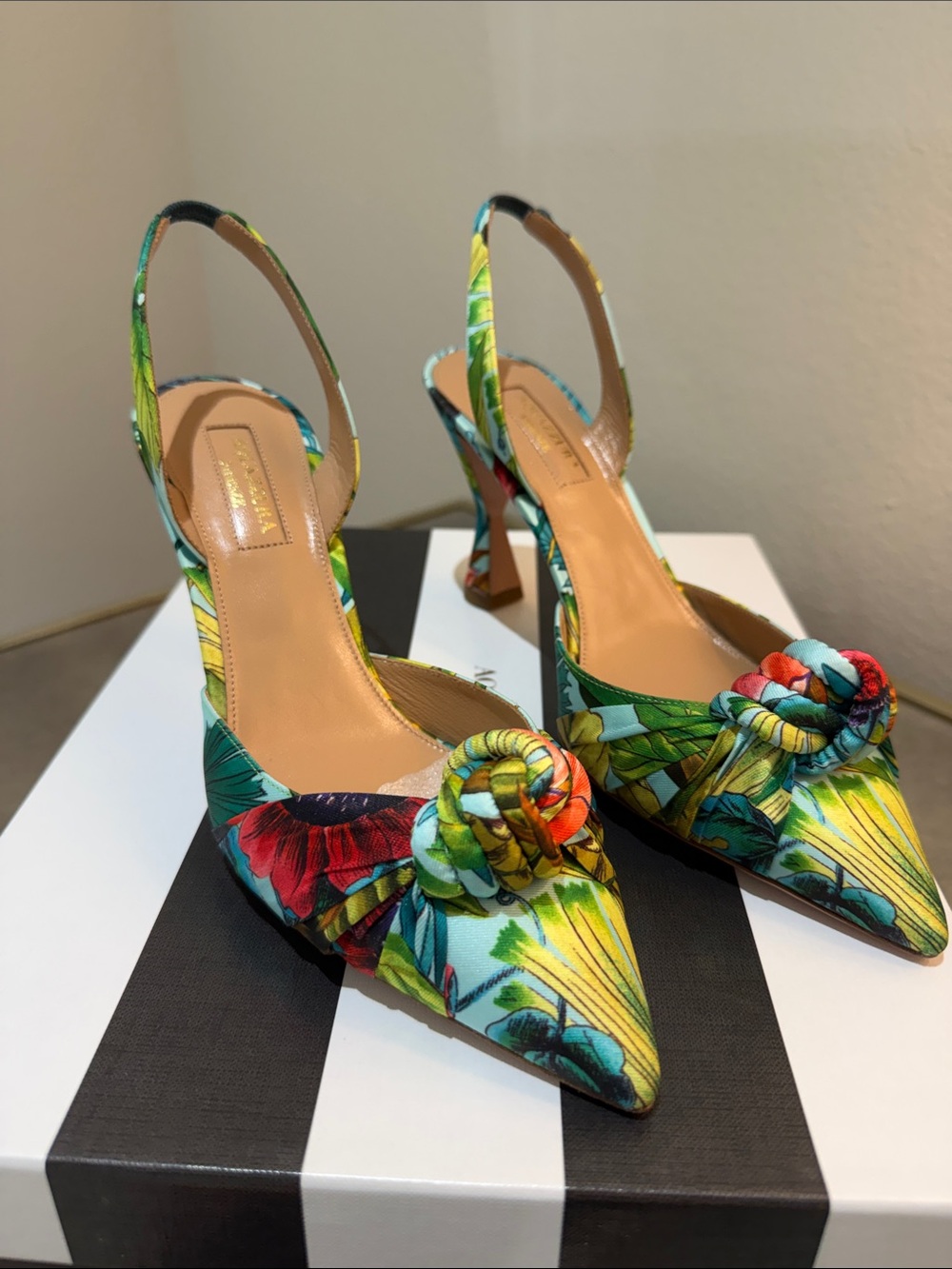 Aquazzura Kiki Tropical Knot Pointed Slingback Heels